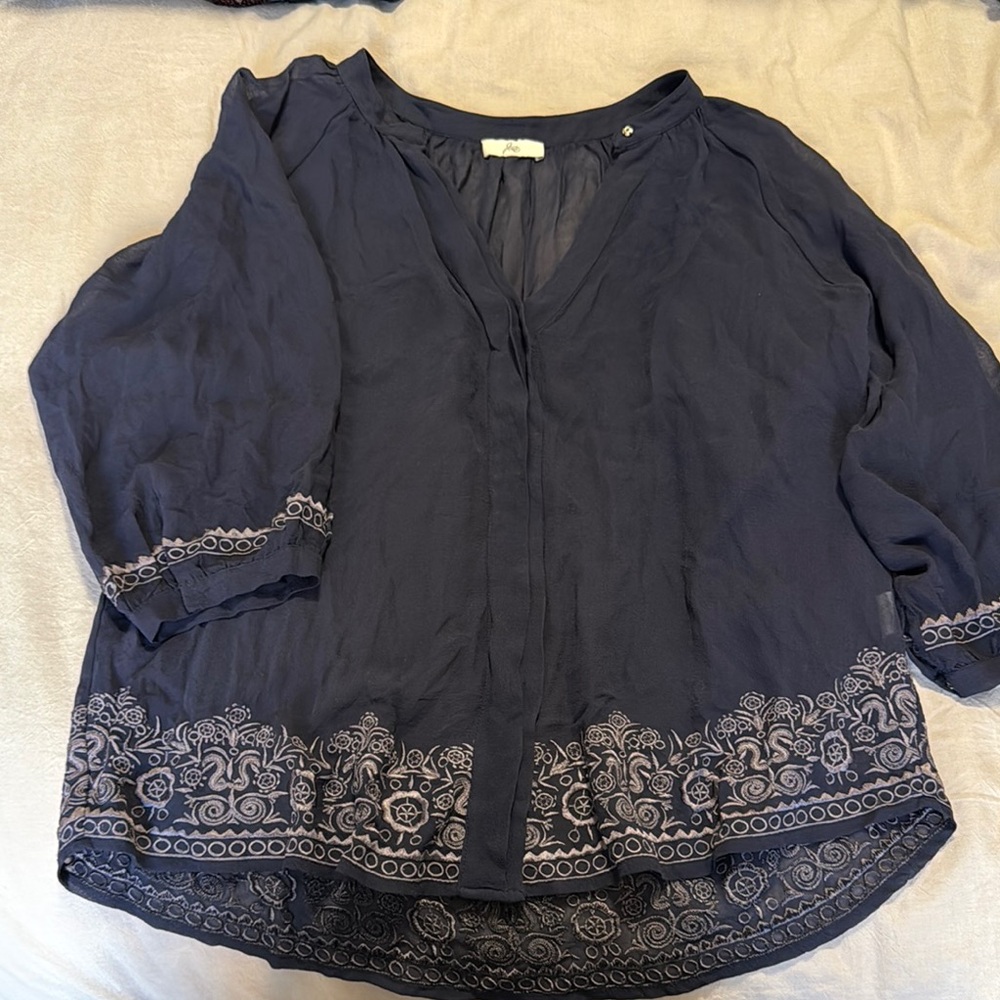 100% silk Joie navy embroidered top